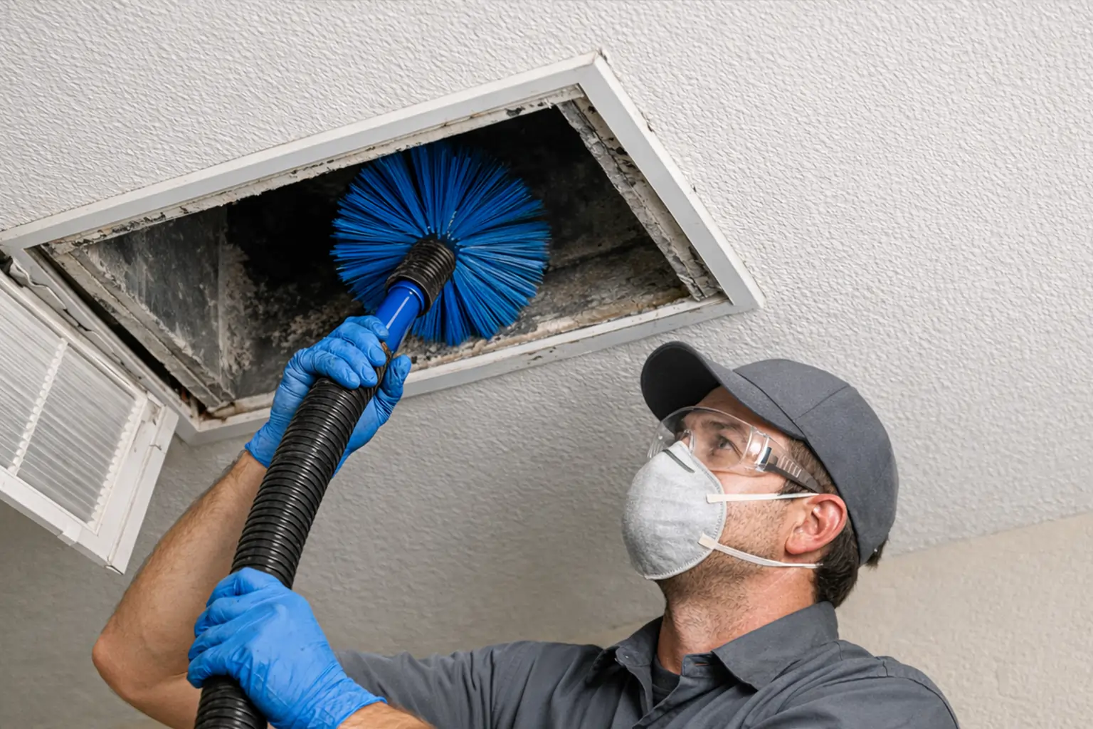 Air duct cleaning technician in grey uniform removing dust from ceiling HVAC duct