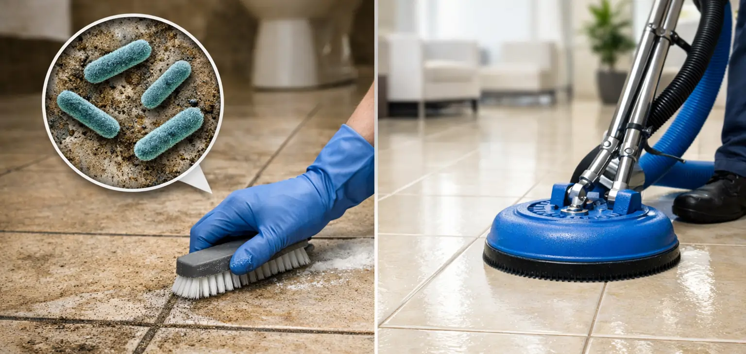 Professional tile and grout cleaning showing dirty and restored floor comparison
