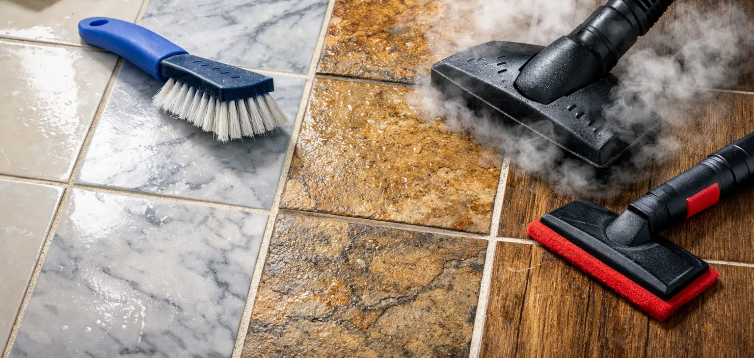 Professional tile and grout cleaning process with extraction equipment restoring floor tiles