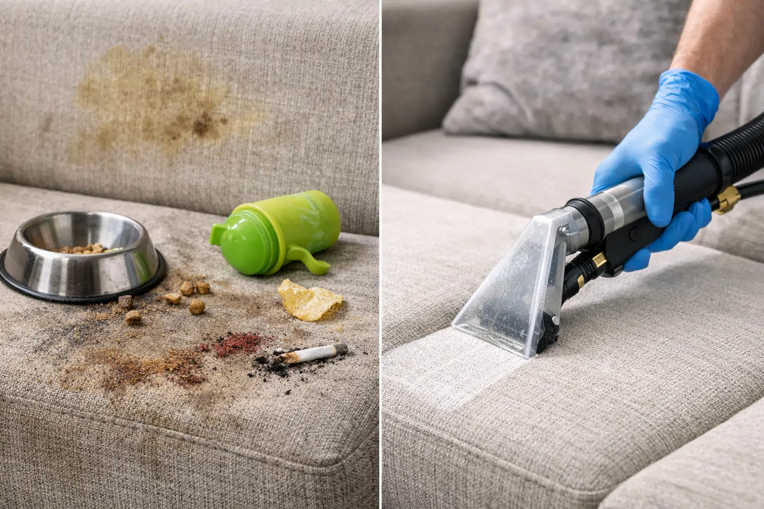 Deep upholstery cleaning removing stains and dirt from sofa fabric