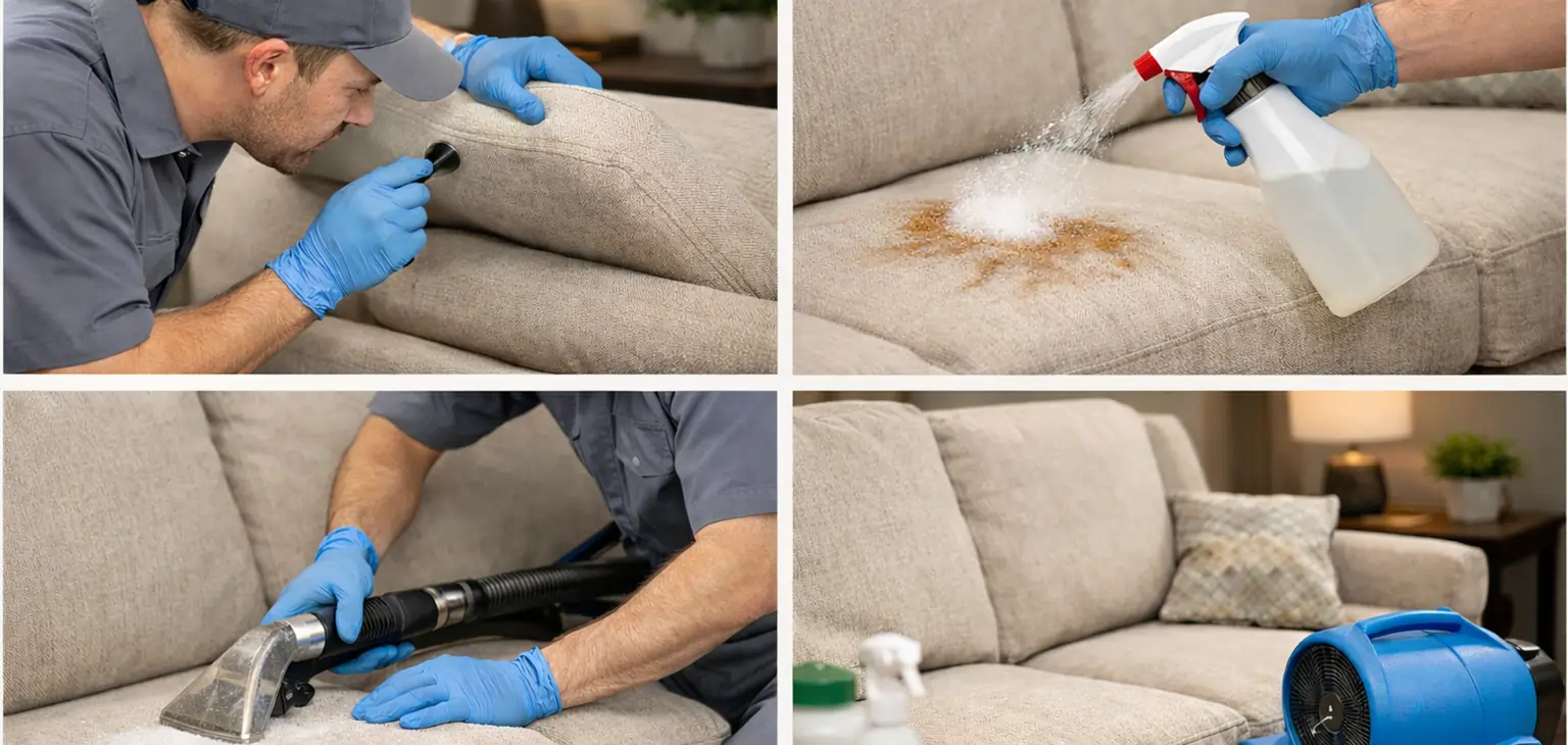 Professional upholstery cleaning process with technician inspecting and deep cleaning sofa fabric