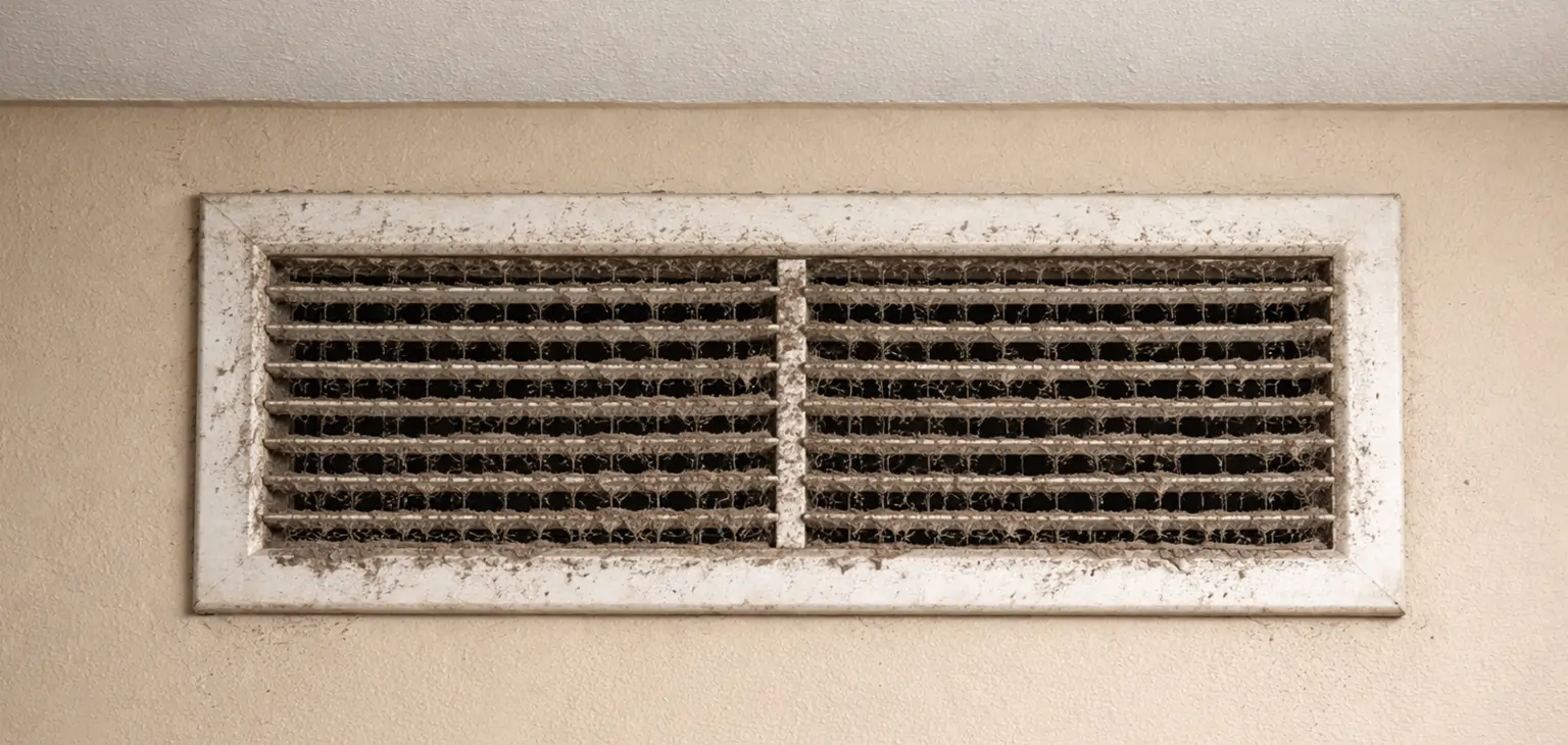 Dirty air vent with dust buildup on top wall